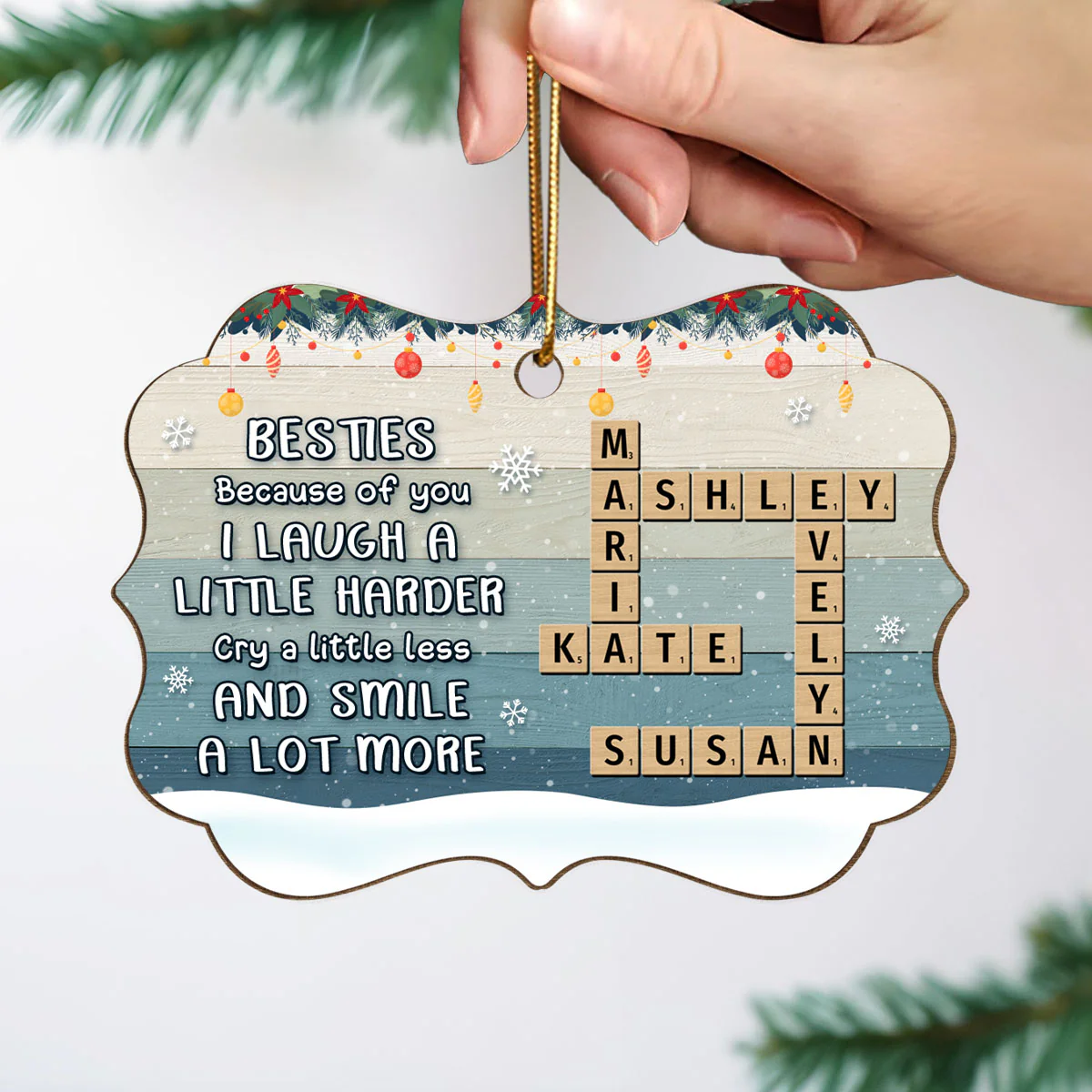 Besties Sisters Smile A Lot More Crossword Puzzle Art Personalized Wooden Ornament, Christmas Gift for Best Friends, Sisters - Image 4