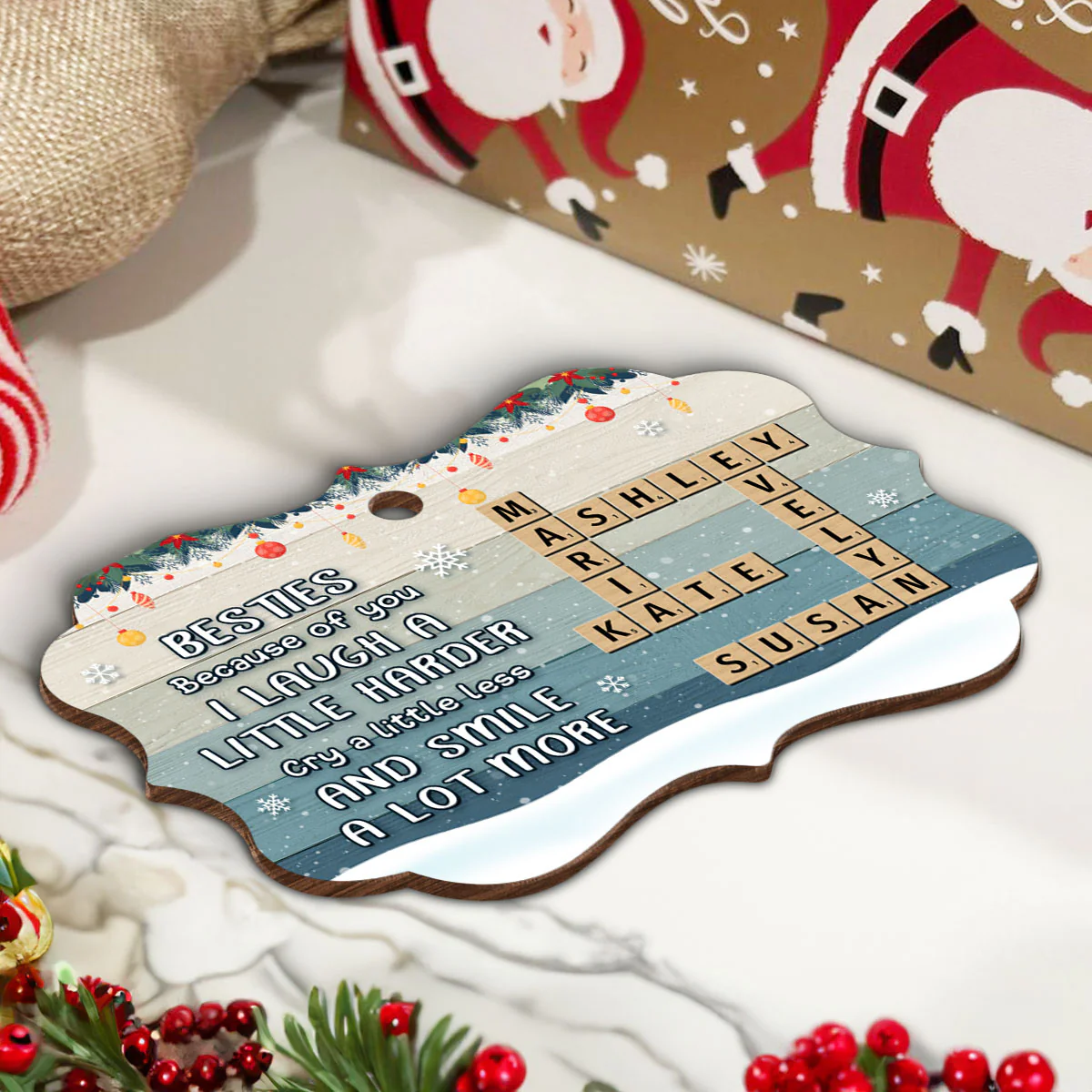 Besties Sisters Smile A Lot More Crossword Puzzle Art Personalized Wooden Ornament, Christmas Gift for Best Friends, Sisters - Image 5