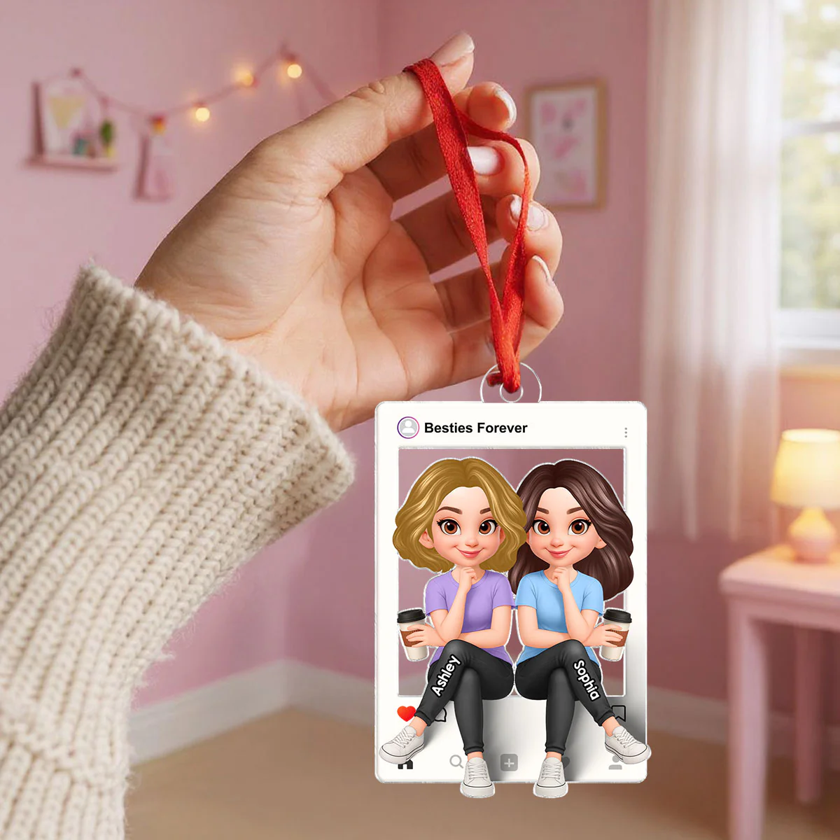 Besties Sisters Social Network Frame 3D Effect Personalized Acrylic Ornament - Image 4