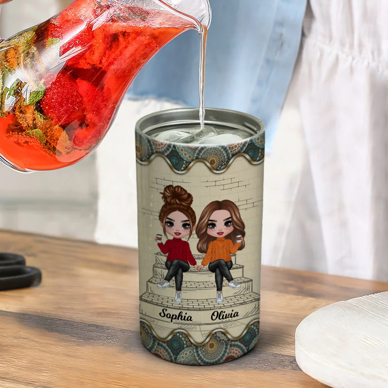 Besties Sisters Stair Outline Details Pattern Personalized 4 In 1 Can Cooler - Image 4