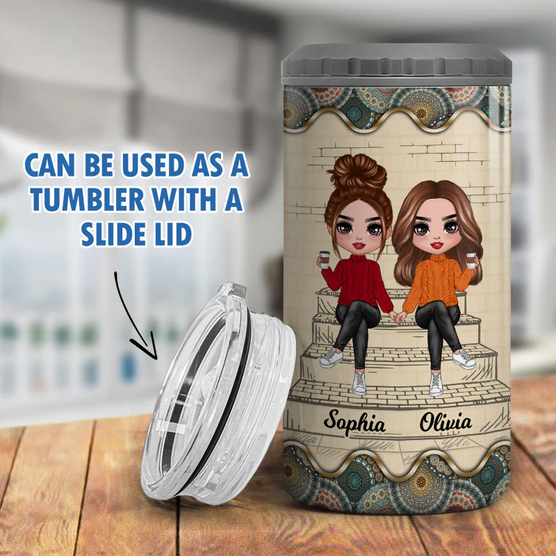 Besties Sisters Stair Outline Details Pattern Personalized 4 In 1 Can Cooler - Image 7