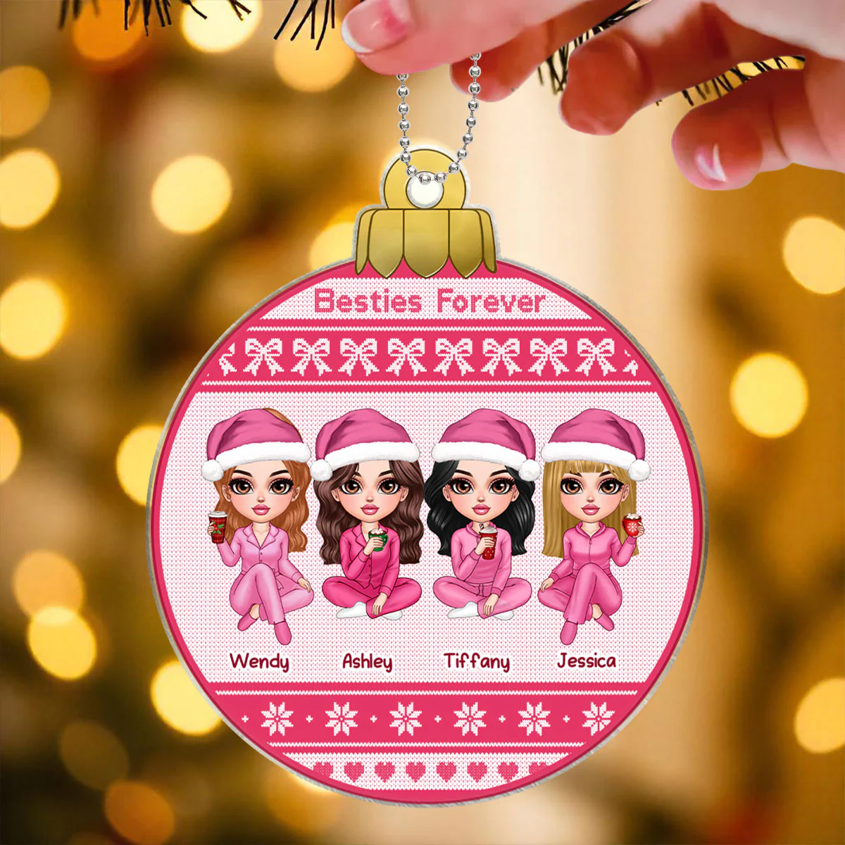 Besties Sisters Ugly Sweater Pattern Personalized Acrylic Ornament, Christmas Gift - Image 4