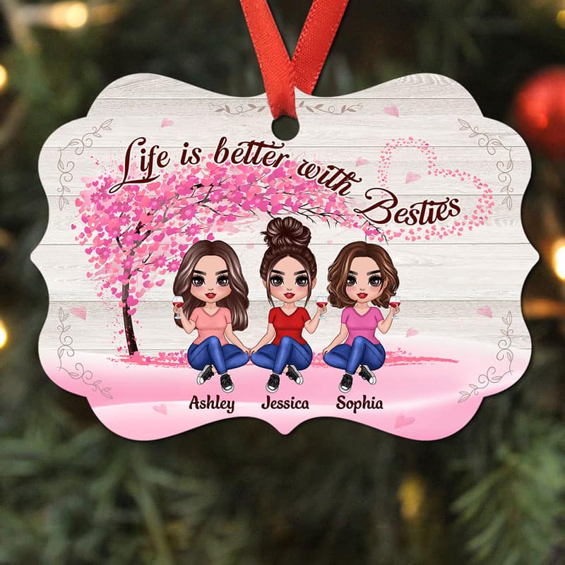 Besties Sisters Under Flying Heart Tree Personalized Christmas Ornament - Image 2