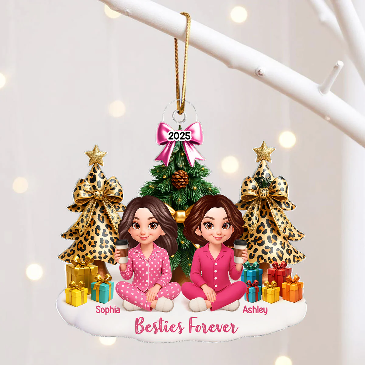 Besties Sitting Around Christmas Tree Personalized Acrylic Ornament, Christmas Gift for Best Friends, Sisters - Image 3