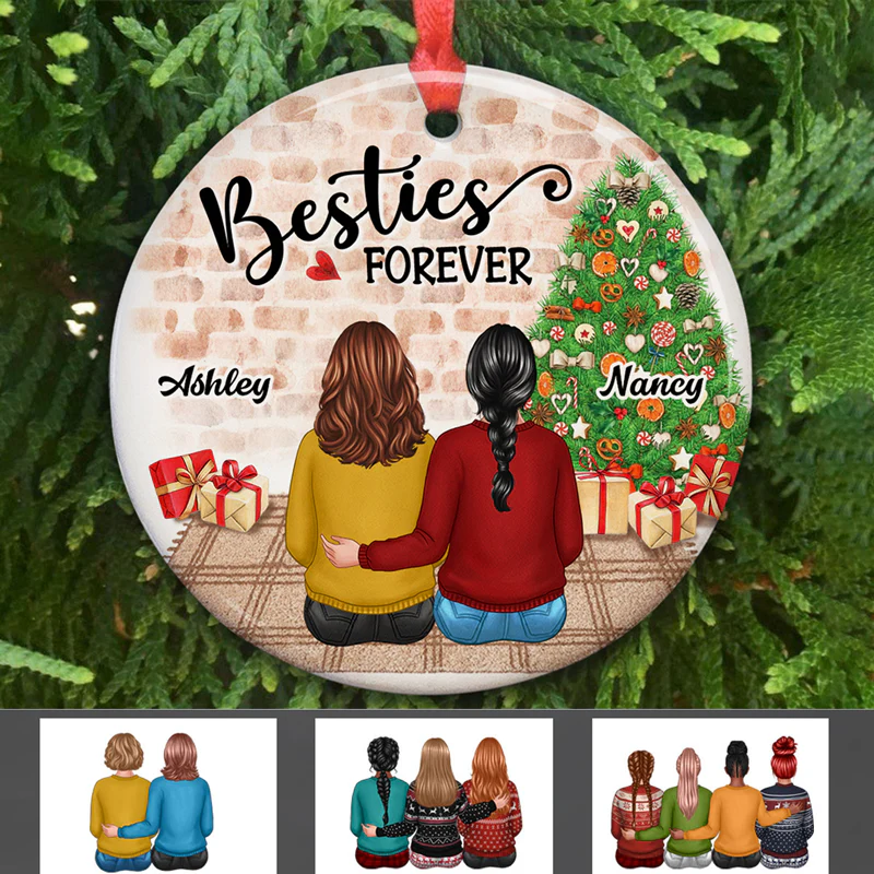 Besties Sitting Christmas Gift Personalized Circle Ornament - Image 2