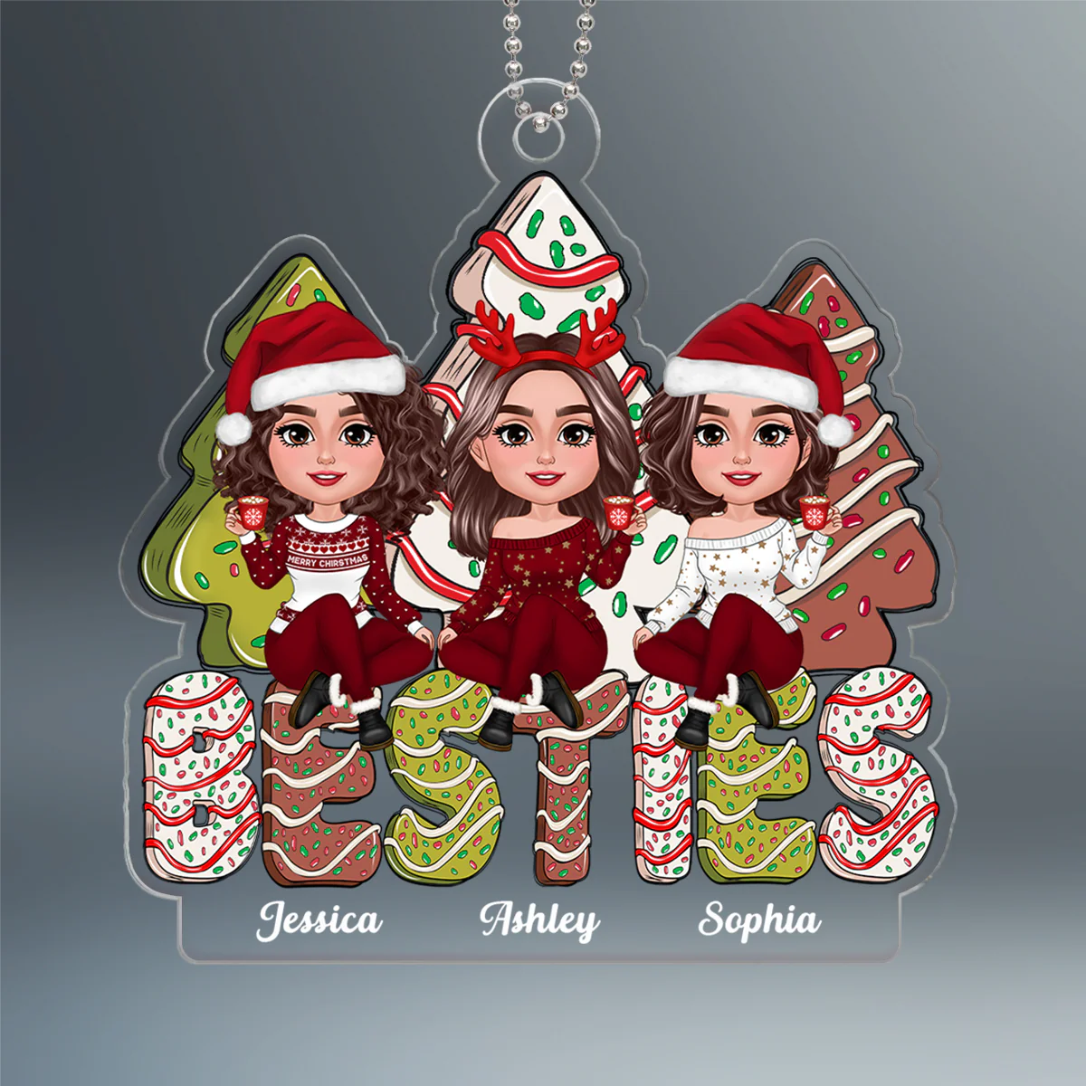 Besties Sitting On Christmas Tree Cake Personalized Acrylic Ornament - Image 2