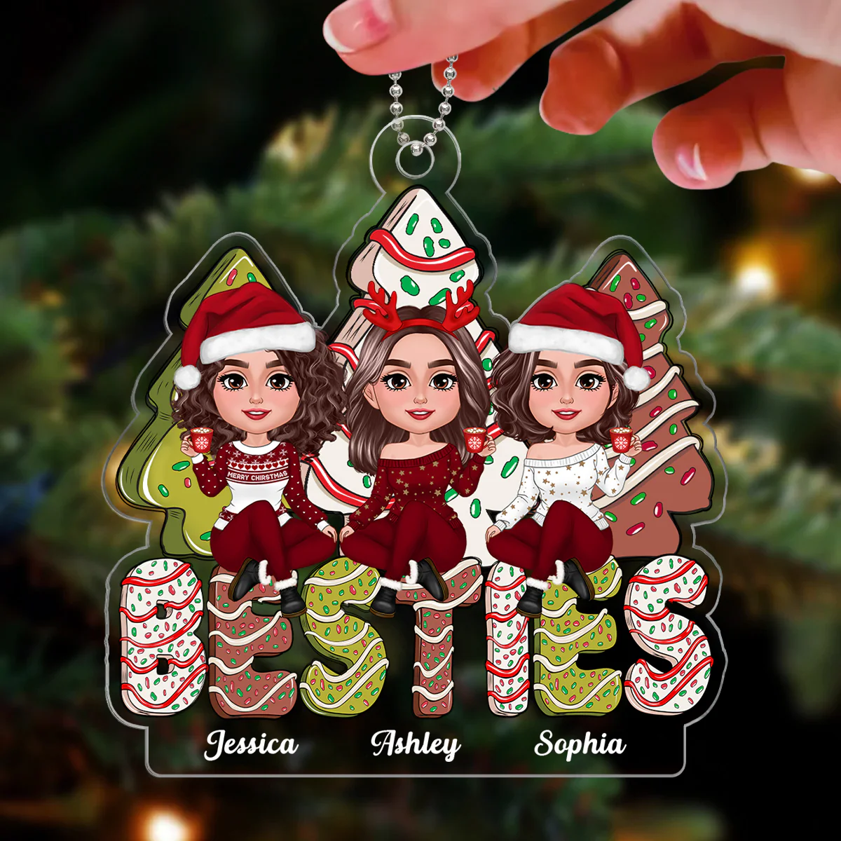 Besties Sitting On Christmas Tree Cake Personalized Acrylic Ornament - Image 3