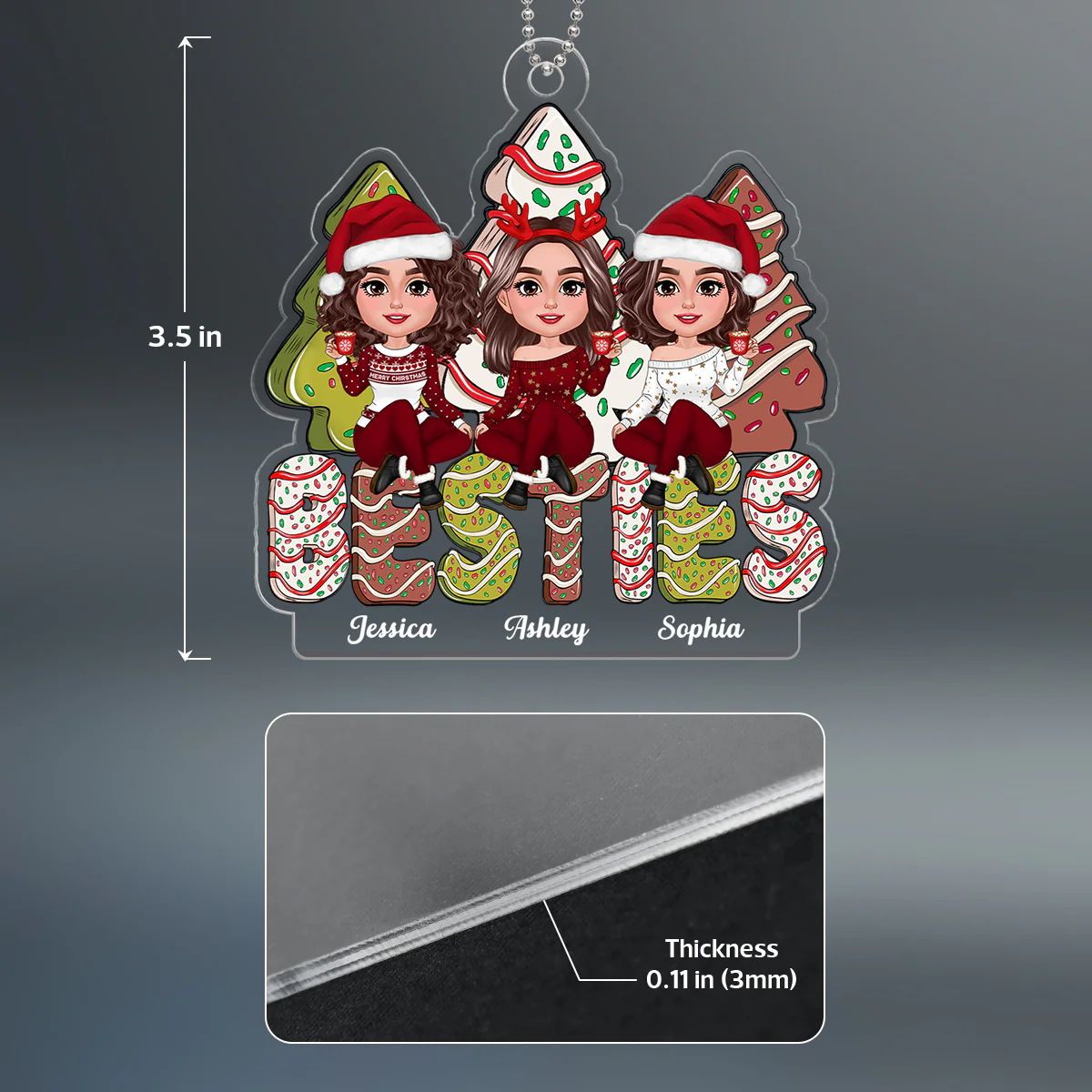 Besties Sitting On Christmas Tree Cake Personalized Acrylic Ornament - Image 4