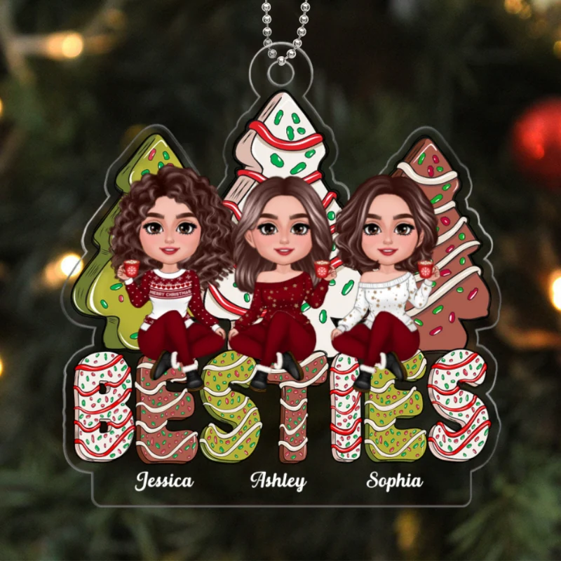 Besties Sitting On Christmas Tree Cake Personalized Acrylic Ornament - Image 5