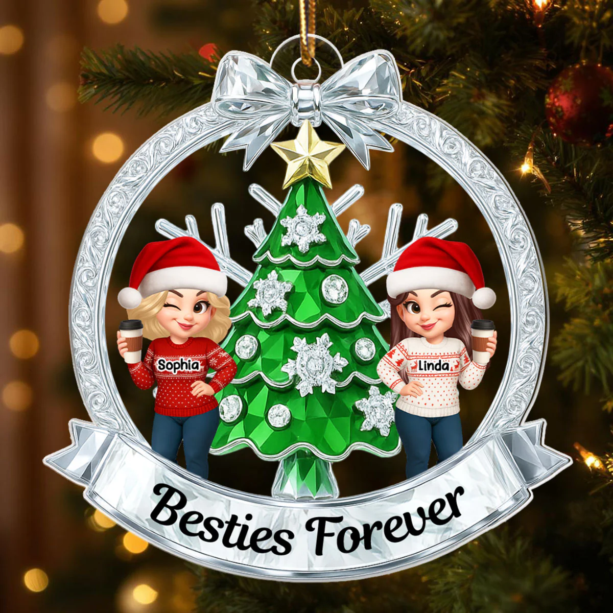 Besties on Crystal Effect Wreath - Personalized Acrylic Ornament - Christmas Gift for Besties