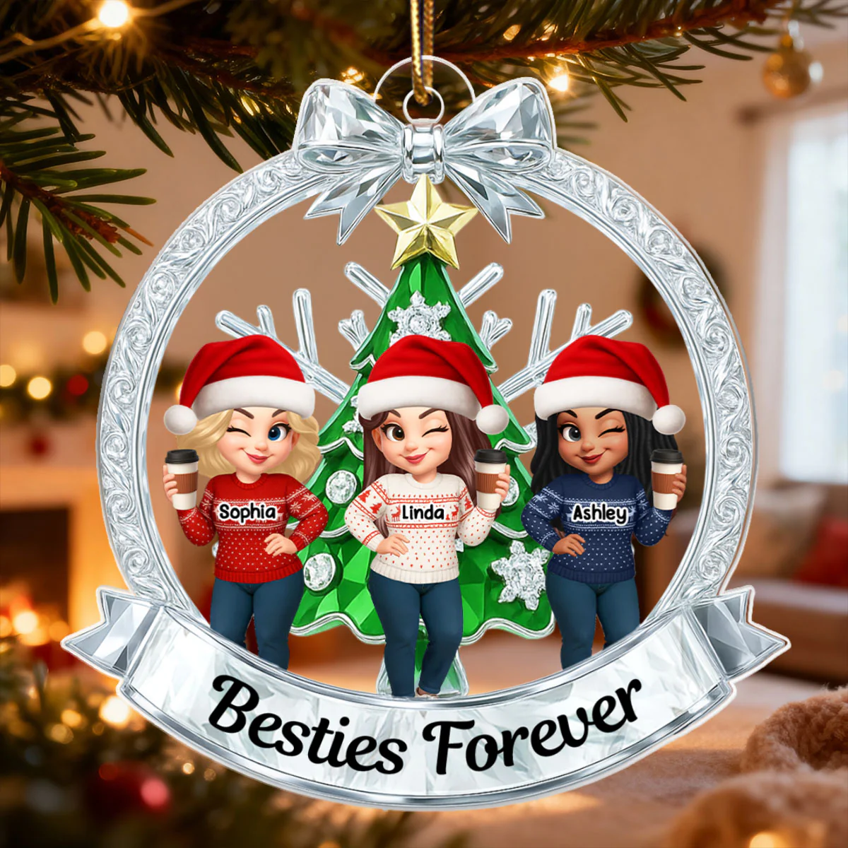 Besties on Crystal Effect Wreath - Personalized Acrylic Ornament - Christmas Gift for Besties - Image 4