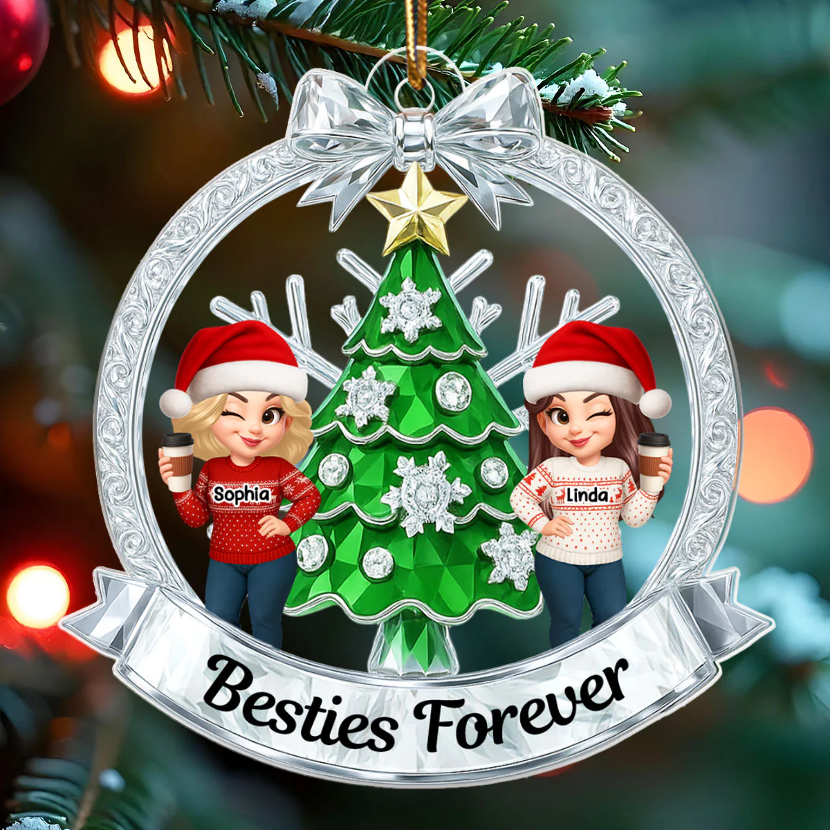 Besties on Crystal Effect Wreath - Personalized Acrylic Ornament - Christmas Gift for Besties - Image 6
