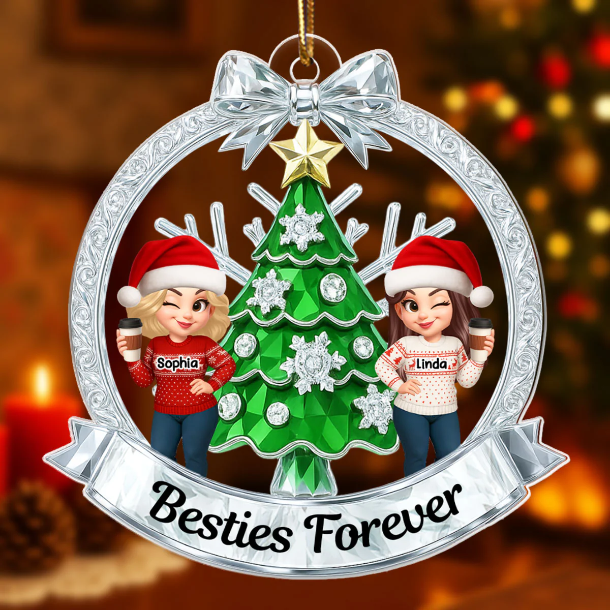 Besties on Crystal Effect Wreath - Personalized Acrylic Ornament - Christmas Gift for Besties - Image 7