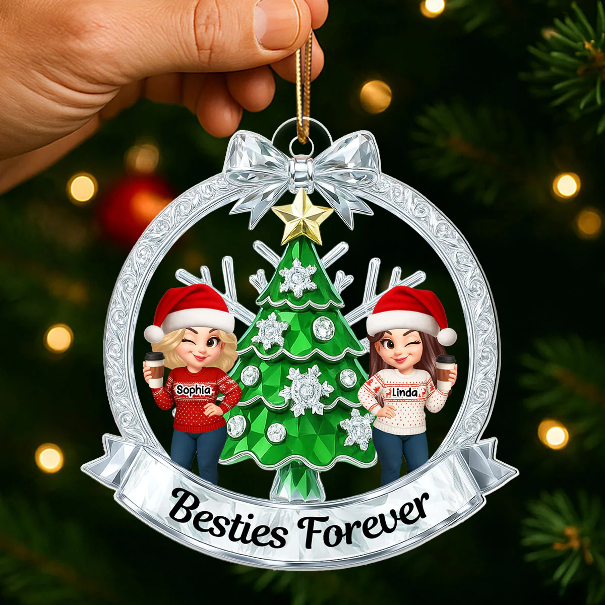 Besties on Crystal Effect Wreath - Personalized Acrylic Ornament - Christmas Gift for Besties - Image 8