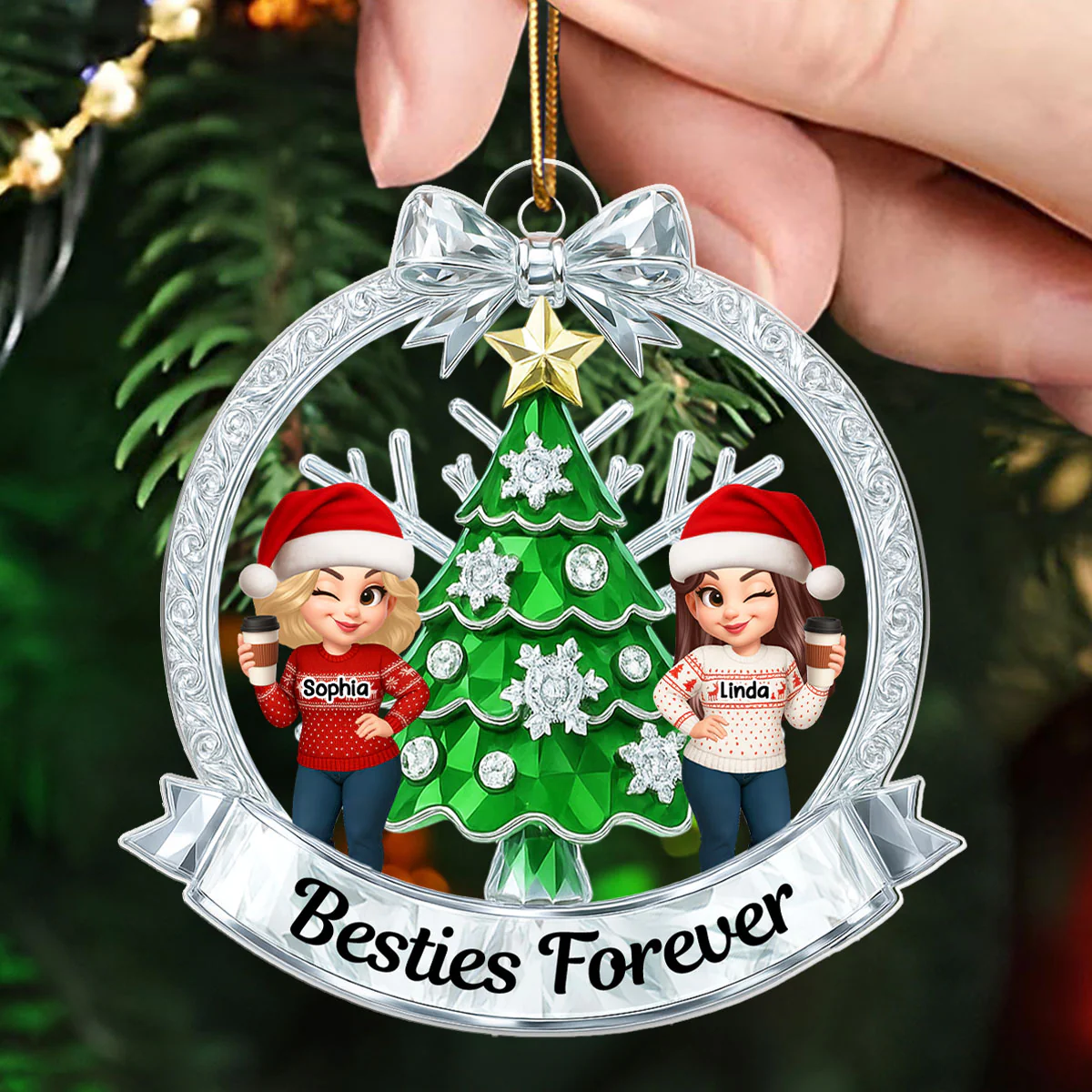Besties on Crystal Effect Wreath - Personalized Acrylic Ornament - Christmas Gift for Besties - Image 9
