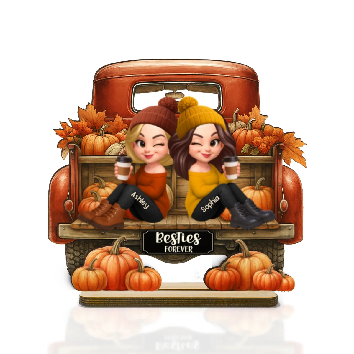Besties Sitting on Fall Truck Personalized Standing Wooden Plaque, Cozy Fall Decor, Fall Gift for Best Friends - Image 10