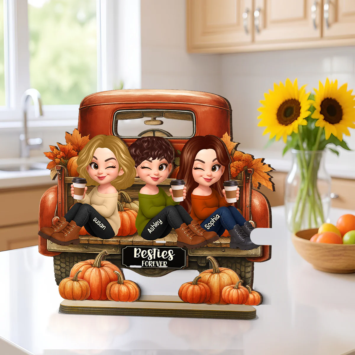 Besties Sitting on Fall Truck Personalized Standing Wooden Plaque, Cozy Fall Decor, Fall Gift for Best Friends - Image 2