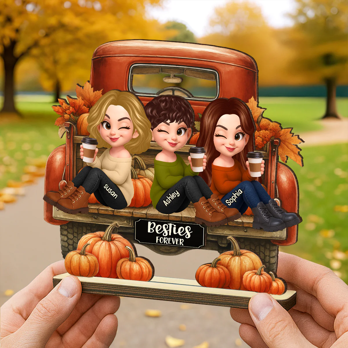 Besties Sitting on Fall Truck Personalized Standing Wooden Plaque, Cozy Fall Decor, Fall Gift for Best Friends - Image 3