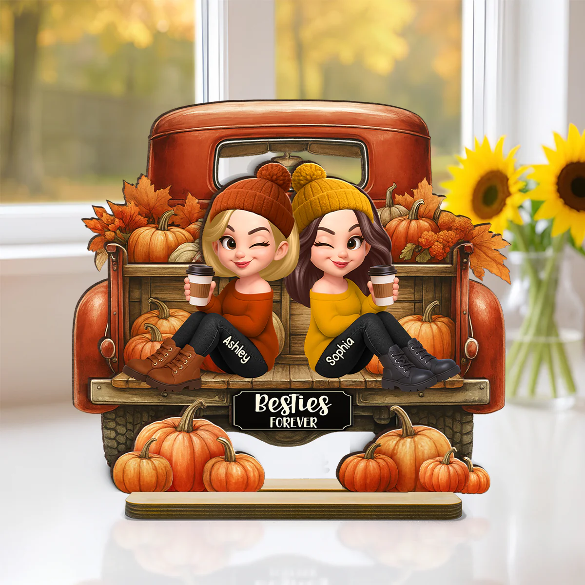 Besties Sitting on Fall Truck Personalized Standing Wooden Plaque, Cozy Fall Decor, Fall Gift for Best Friends - Image 4