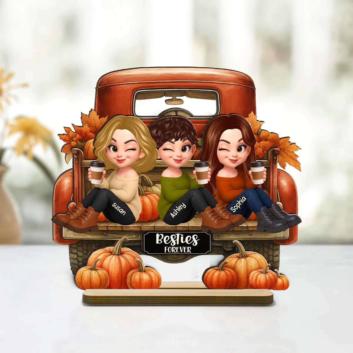 Besties Sitting on Fall Truck Personalized Standing Wooden Plaque, Cozy Fall Decor, Fall Gift for Best Friends - Image 5
