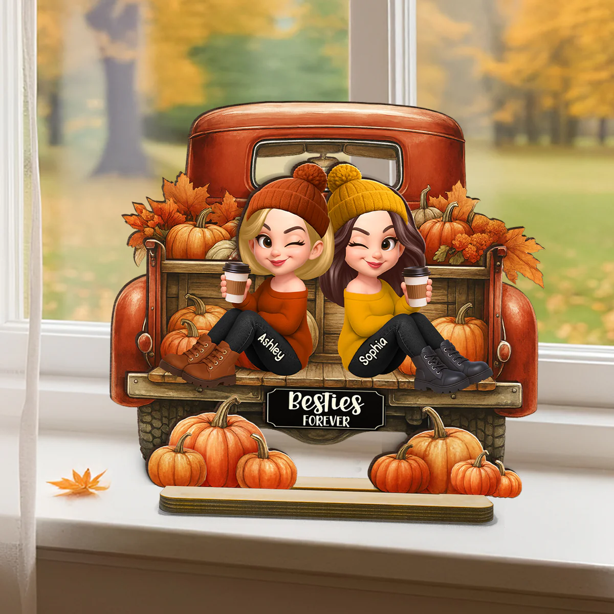Besties Sitting on Fall Truck Personalized Standing Wooden Plaque, Cozy Fall Decor, Fall Gift for Best Friends - Image 6