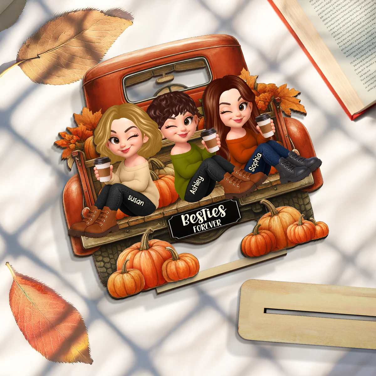 Besties Sitting on Fall Truck Personalized Standing Wooden Plaque, Cozy Fall Decor, Fall Gift for Best Friends - Image 7