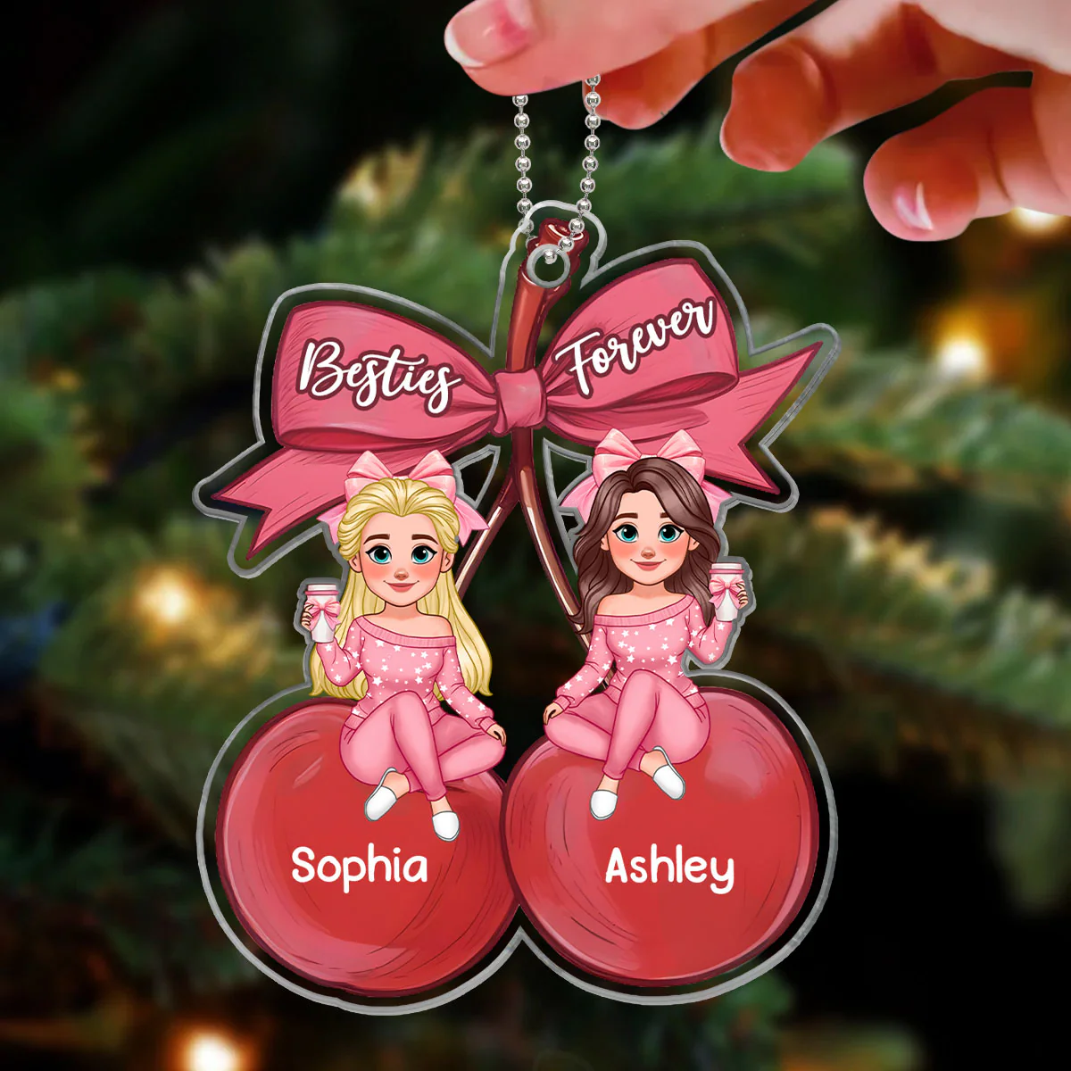 Besties Sitting On Pink Coquette Cherry Bow Personalized Acrylic Ornament, Christmas Gift For Best Friends - Image 4