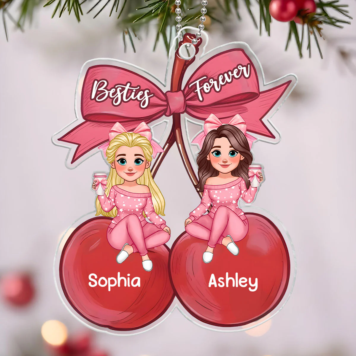 Besties Sitting On Pink Coquette Cherry Bow Personalized Acrylic Ornament, Christmas Gift For Best Friends - Image 6