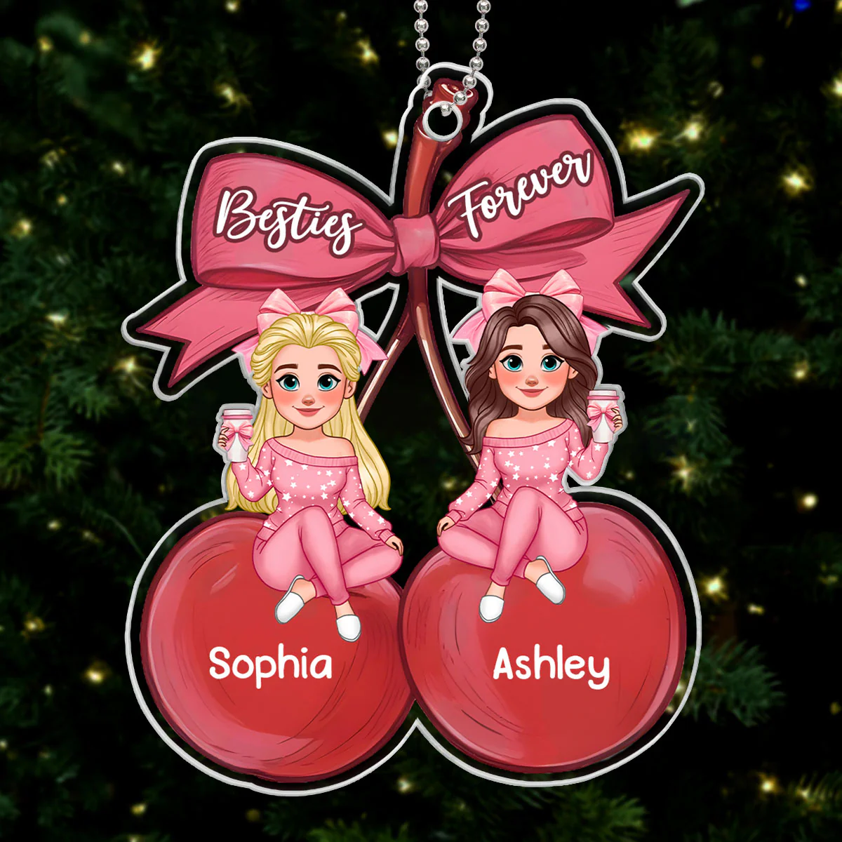 Besties Sitting On Pink Coquette Cherry Bow Personalized Acrylic Ornament, Christmas Gift For Best Friends - Image 7