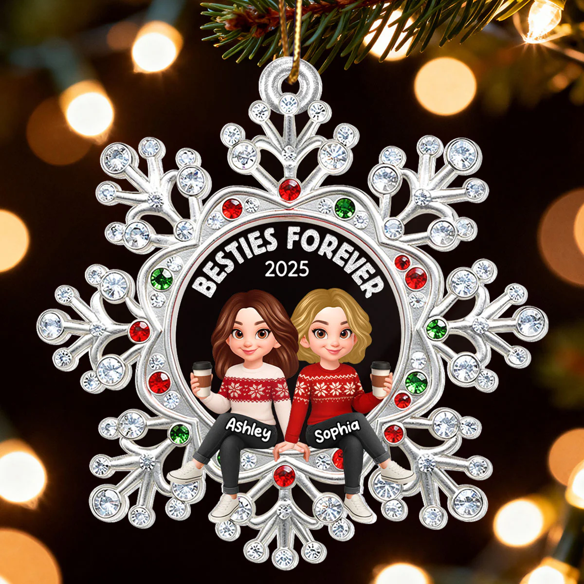Besties Sitting on Snowflake - Personalized Acrylic Ornament - Christmas GIft for Besties - Image 3