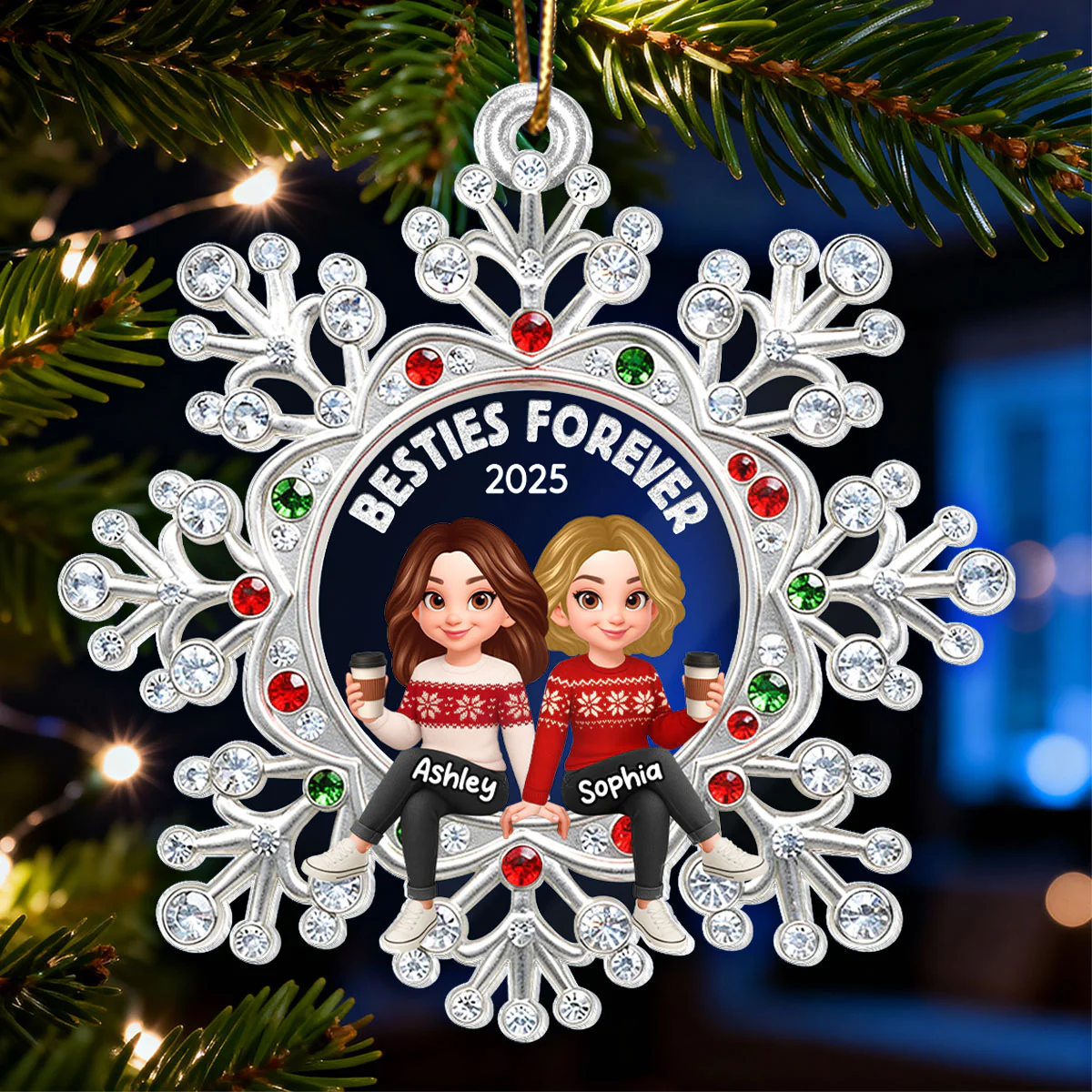 Besties Sitting on Snowflake - Personalized Acrylic Ornament - Christmas GIft for Besties - Image 4