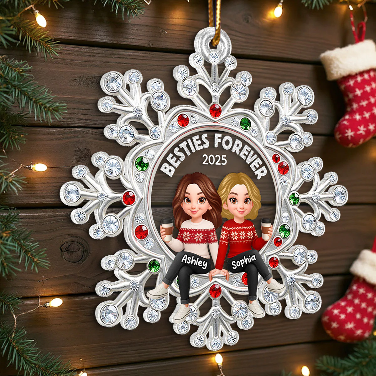Besties Sitting on Snowflake - Personalized Acrylic Ornament - Christmas GIft for Besties - Image 8