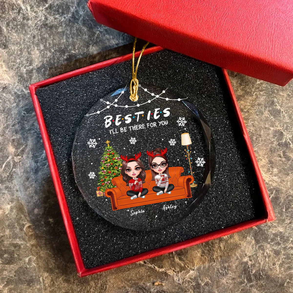 Besties Sitting On Sofa I'll Be There For You Personalized Glass Ornament, Christmas Gift For Best Friends - Image 3