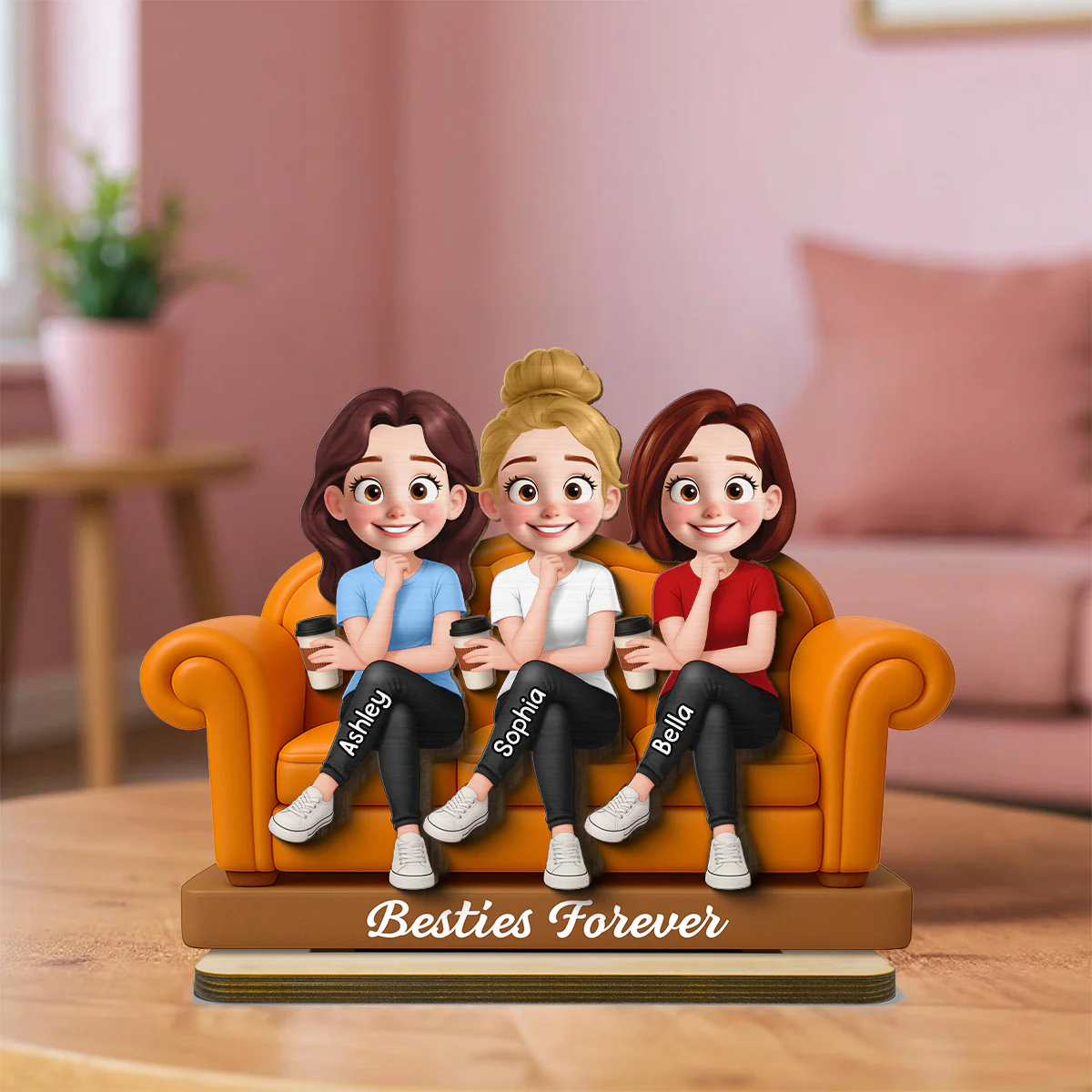 Besties Sitting On Sofa Personalized Wooden Standing Plaque, Gift for Besties, Sisters, Best Friends - Image 2
