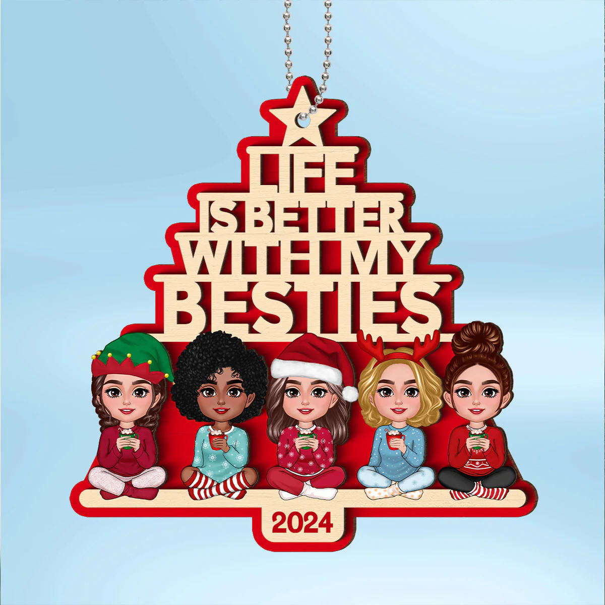 Besties Sitting Pink Christmas Tree Text Personalized 2-Layer Wooden Ornament - Image 2