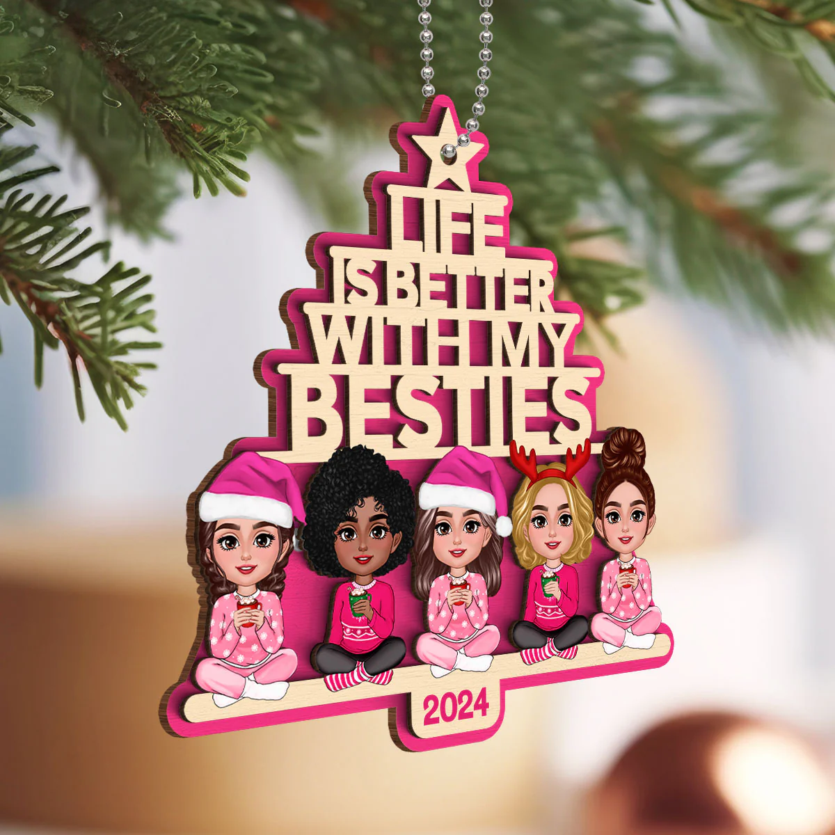 Besties Sitting Pink Christmas Tree Text Personalized 2-Layer Wooden Ornament - Image 3
