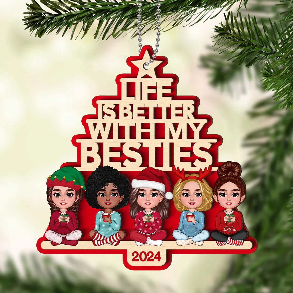 Besties Sitting Pink Christmas Tree Text Personalized 2-Layer Wooden Ornament - Image 4
