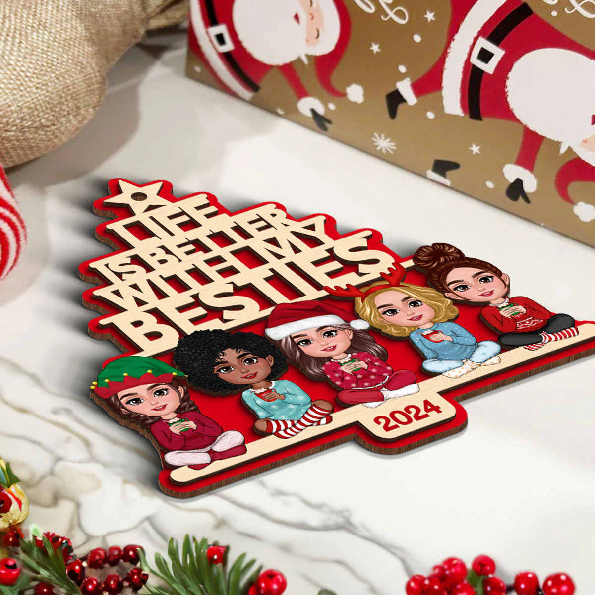 Besties Sitting Pink Christmas Tree Text Personalized 2-Layer Wooden Ornament - Image 5