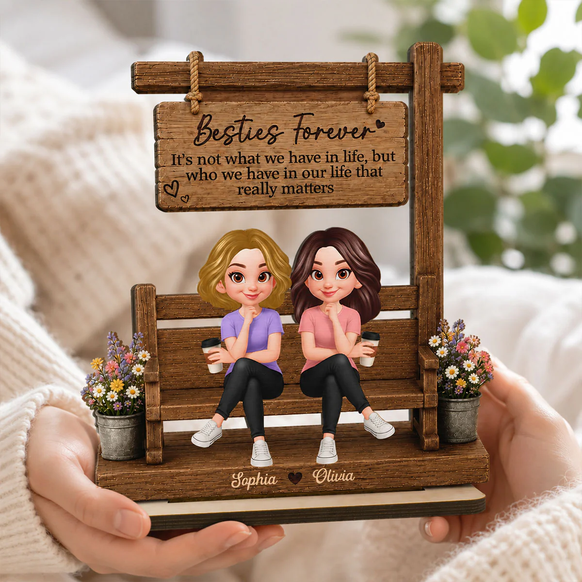 Besties Sitting Under Sign Post 2D Flat - Personalized Wooden Plaque - Friendship Keepsake - Image 3