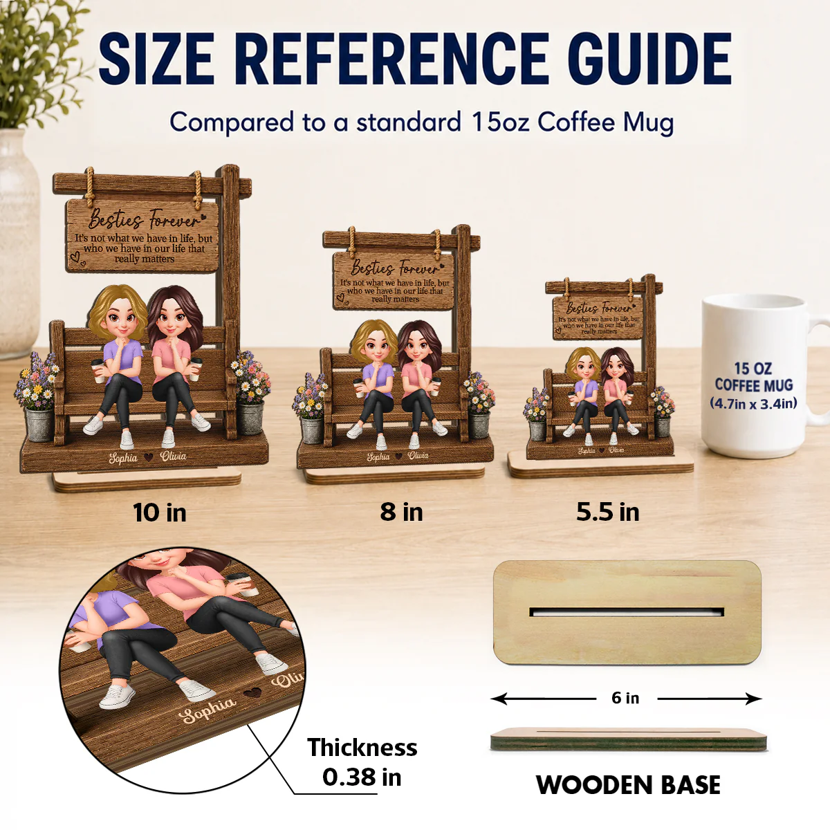Besties Sitting Under Sign Post 2D Flat - Personalized Wooden Plaque - Friendship Keepsake - Image 4