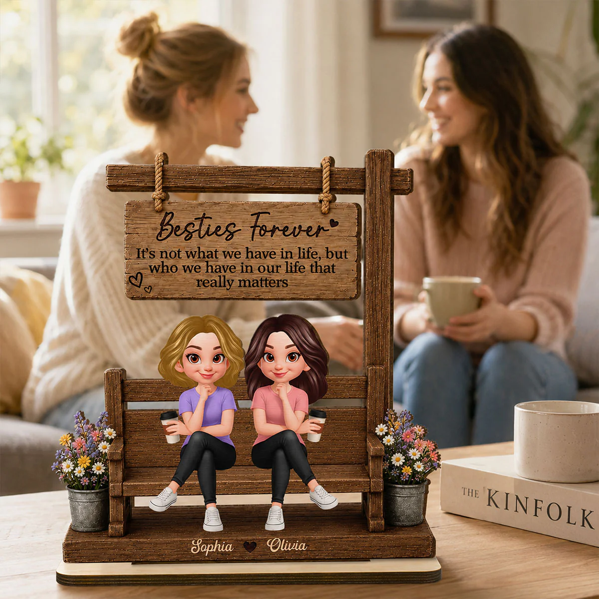 Besties Sitting Under Sign Post 2D Flat - Personalized Wooden Plaque - Friendship Keepsake - Image 5