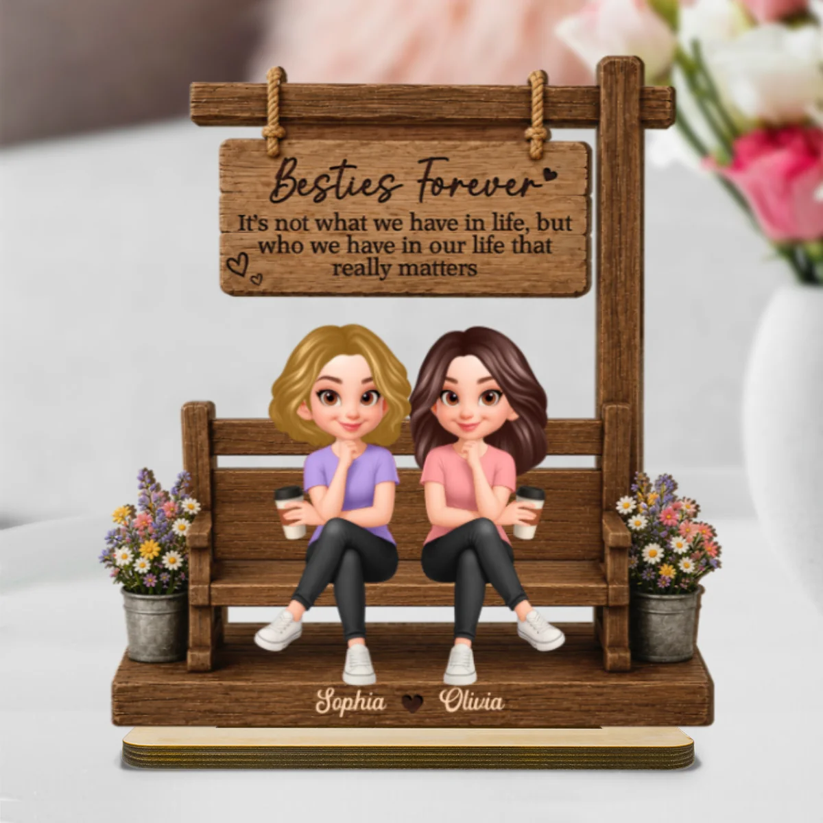 Besties Sitting Under Sign Post 2D Flat - Personalized Wooden Plaque - Friendship Keepsake - Image 8