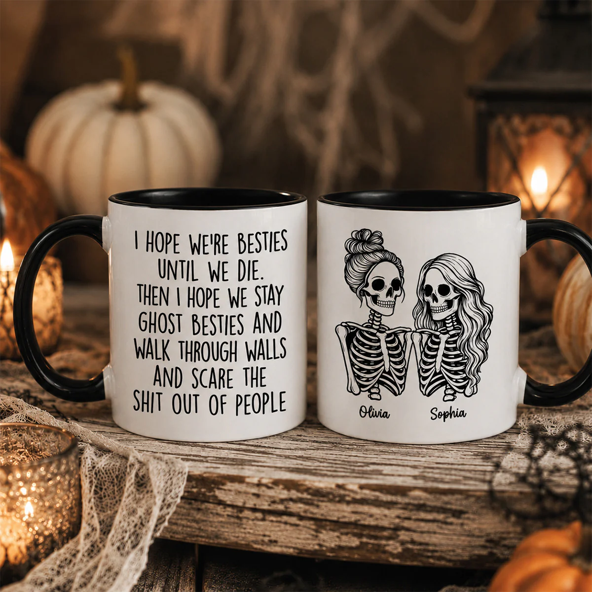 Besties Until We Die Skeleton Besties - Personalized Mug - Funny Work Bestie Gift, Halloween Keepsake For Best Friends