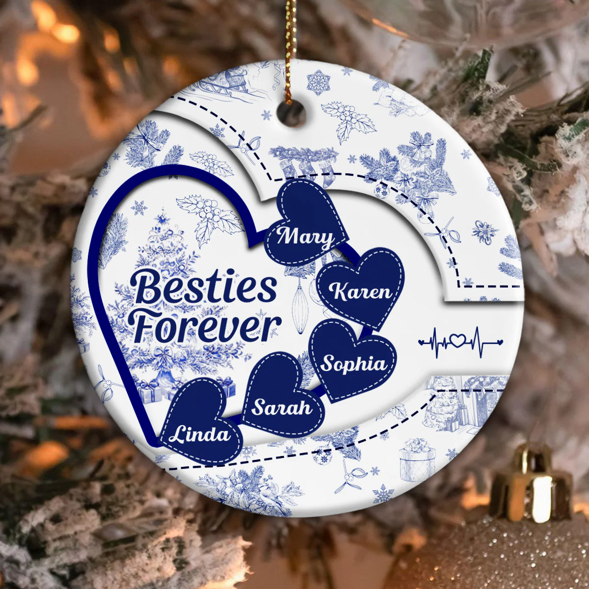 Besties With Hearts Toile De Jouy Style Personalized Circle Ornament - Image 4
