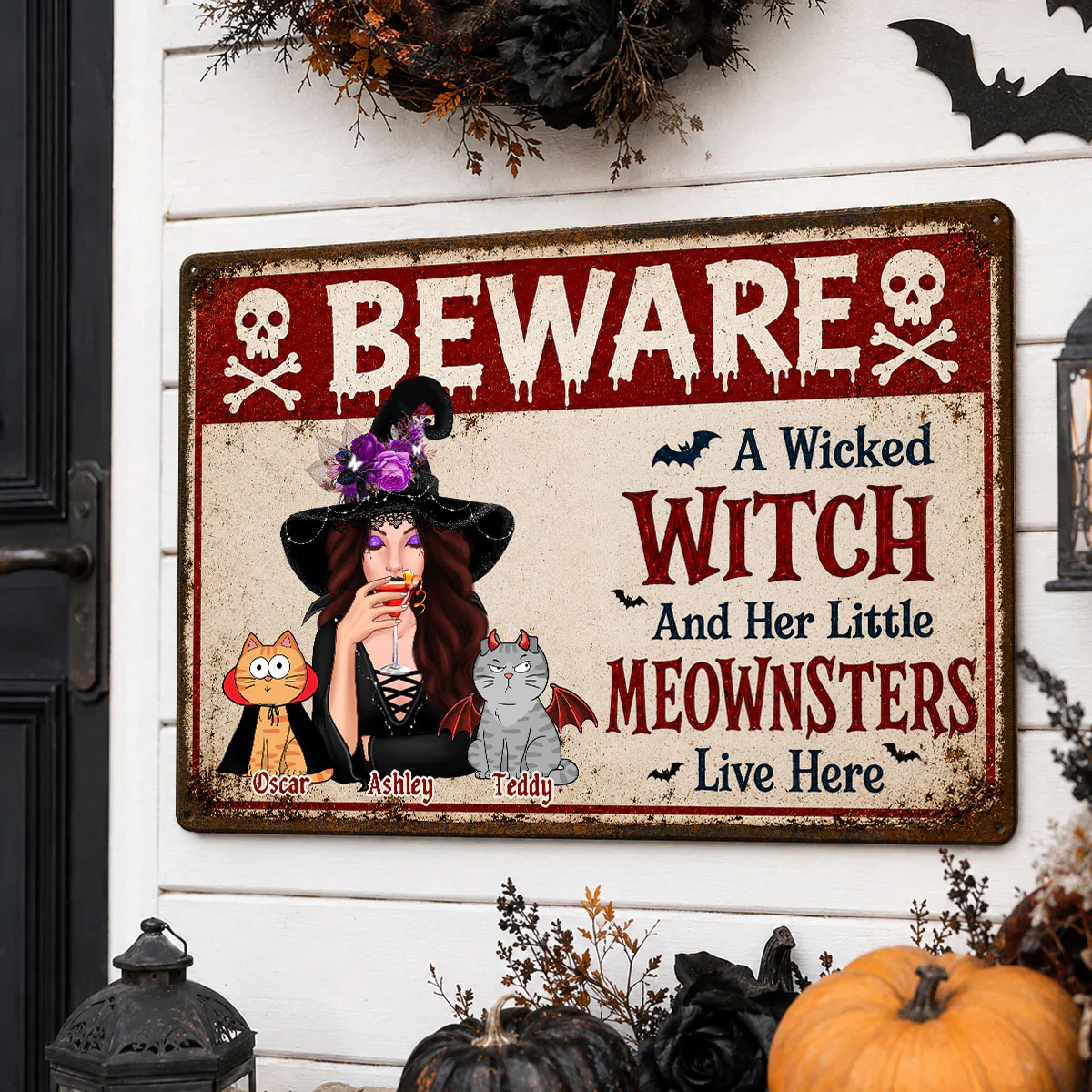 Beware A Wicked Witch And Her Little Meownsters - Personalized Metal Sign - Halloween Decor Gift, Gift For Cat Lovers - Image 2