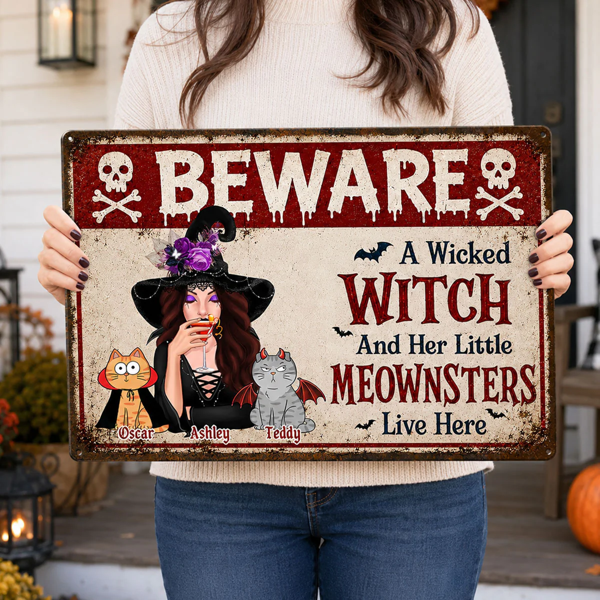 Beware A Wicked Witch And Her Little Meownsters - Personalized Metal Sign - Halloween Decor Gift, Gift For Cat Lovers - Image 5