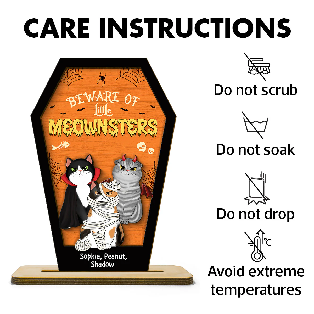 Beware Of Little Meownsters Coffin Shaped Personalized 2 Layer Standing Wooden Plaque, Halloween Tiered Tray Decor - Image 8
