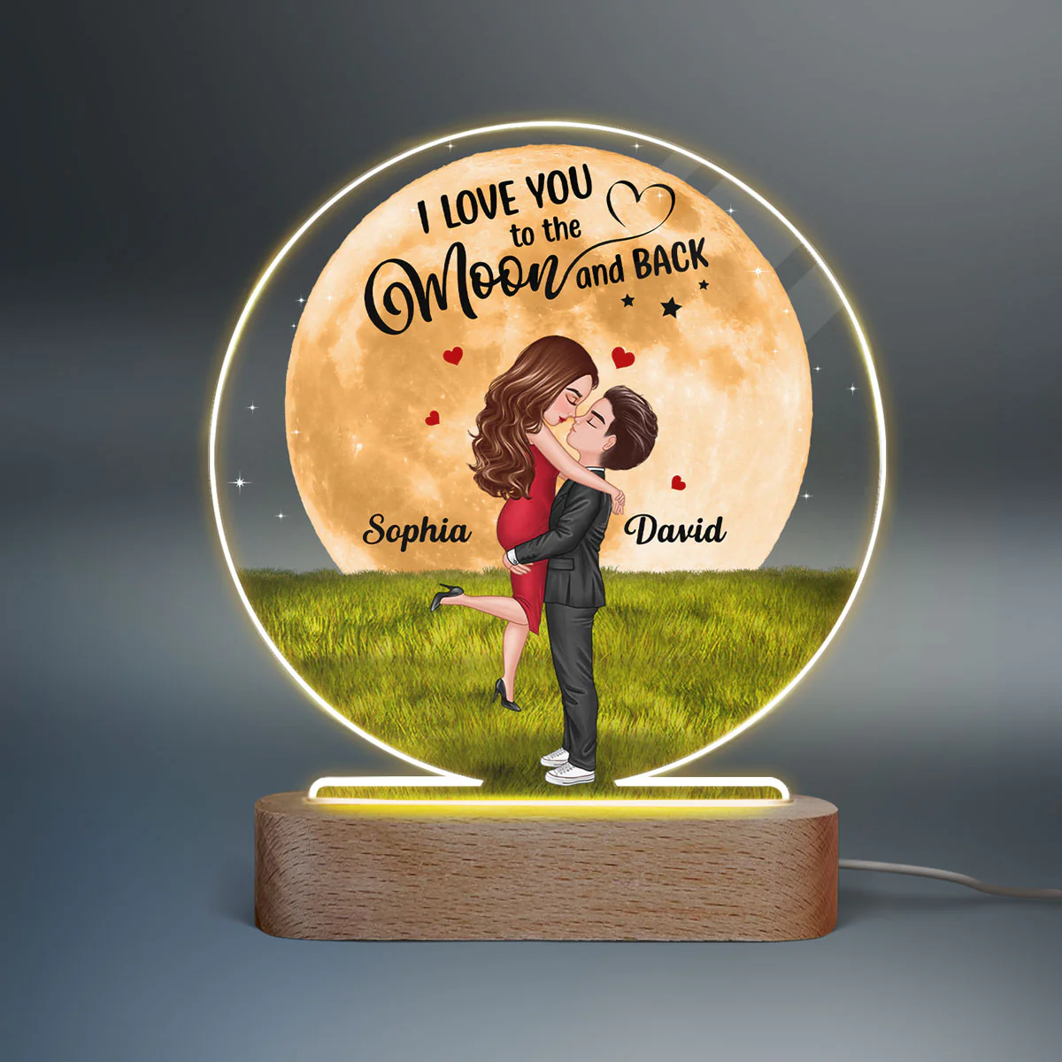 Big Moon Hugging Couple Personalized Circle Acrylic LED Night Light LED Lamp - Image 2