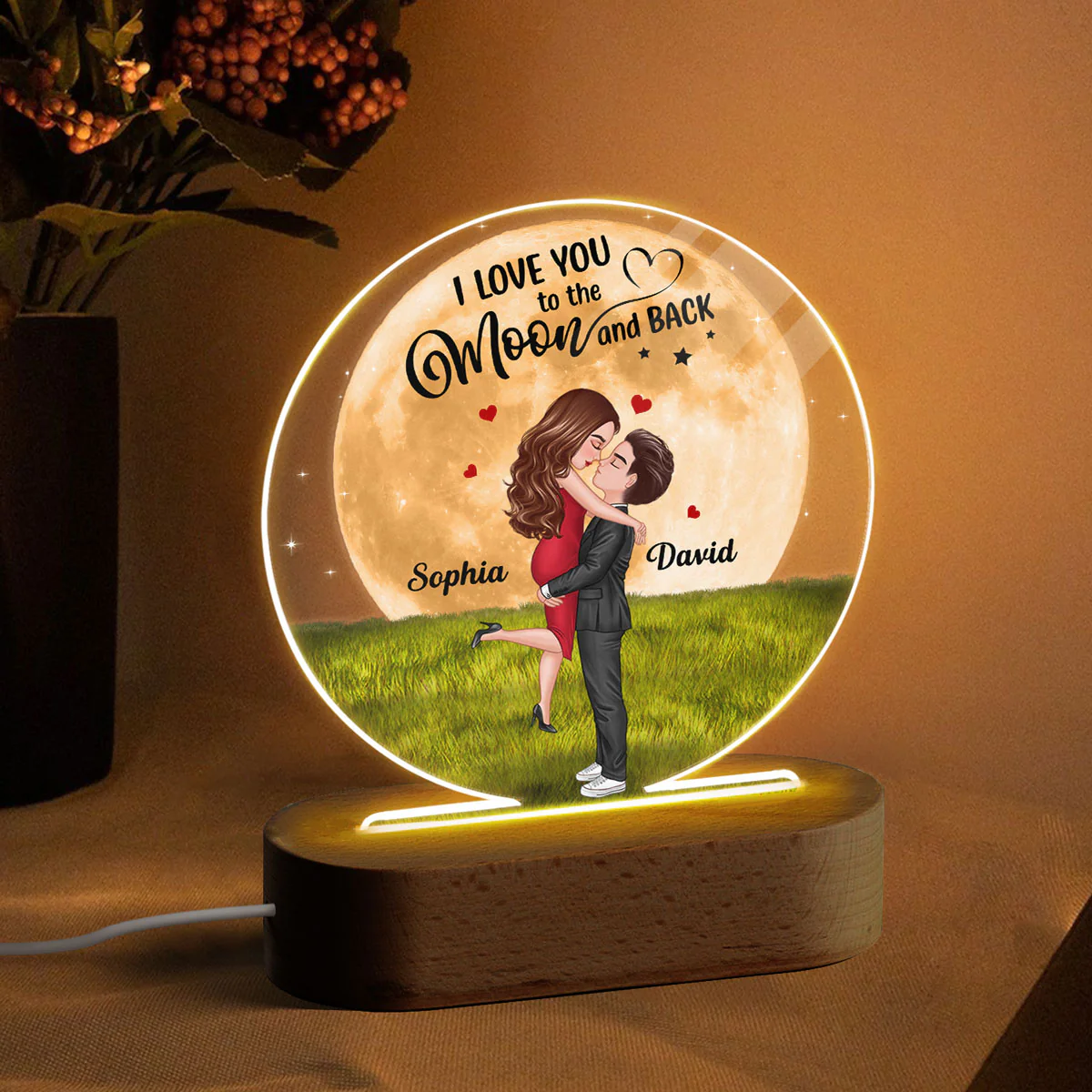 Big Moon Hugging Couple Personalized Circle Acrylic LED Night Light LED Lamp - Image 3