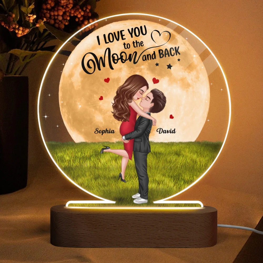 Big Moon Hugging Couple Personalized Circle Acrylic LED Night Light LED Lamp - Image 4
